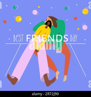 L'illustrazione del GIORNO dei migliori AMICI con coppie, ragazze, adolescenti o donne. Si divertono e festeggiano il giorno BBF. Il vettore fa bene Illustrazione Vettoriale