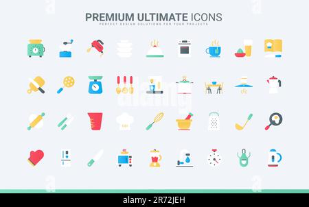Simboli di attrezzature e strumenti per la cucina, macchina da caffè e cappa, bilance e microonde, grembiule per chef e ricettario. Cucina icone piano trendy set vettoriale illustrazione Illustrazione Vettoriale