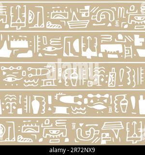 Monocromatico moderno disegnato a mano boho beige vettore bianco senza cuciture bordo simboli egiziani come geroglifi. Può essere utilizzato per tessuti alla moda Illustrazione Vettoriale