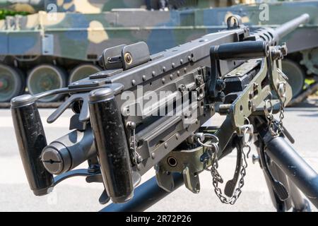 .50 cal M2 Vista posteriore della mitragliatrice Browning Foto Stock
