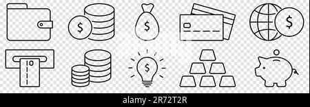 Set di icone relative al denaro. Portafoglio, moneta, carta di credito, maialino e così via Illustrazione vettoriale isolata su sfondo trasparente Illustrazione Vettoriale