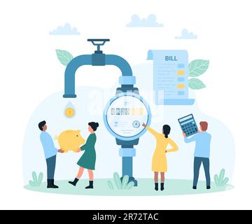 Illustrazione del vettore di pagamento della bolletta dell'acqua. Cartoon persone piccole controllare le letture sul quadrante del contatore d'acqua per pagare denaro contante, i clienti in possesso di calcolatrice e piggy bank per risparmiare denaro e risorse naturali Illustrazione Vettoriale