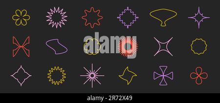 Contorno stelle, fiori, croci, curve insieme forme. Collezione di forme astratte lineari primitive in stile svizzero, bauhaus, Memphis su sfondo scuro. Elemento per poster, banner, collage. Segni vettoriali Illustrazione Vettoriale