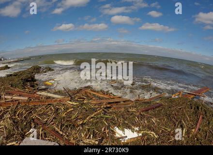 Odessa, Ucraina. 12th giugno, 2023. I detriti galleggianti hanno raggiunto le spiagge del Mar Nero a Odessa, Ucraina. Disastro ambientale causato dall'esplosione della diga della centrale idroelettrica di Kakhovka (Credit Image: © Andrey Nekrasov/ZUMA Press Wire) SOLO USO EDITORIALE! Non per USO commerciale! Foto Stock