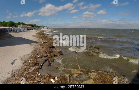 Odessa, Ucraina. 12th giugno, 2023. I detriti galleggianti hanno raggiunto le spiagge del Mar Nero a Odessa, Ucraina. Disastro ambientale causato dall'esplosione della diga della centrale idroelettrica di Kakhovka (Credit Image: © Andrey Nekrasov/ZUMA Press Wire) SOLO USO EDITORIALE! Non per USO commerciale! Foto Stock