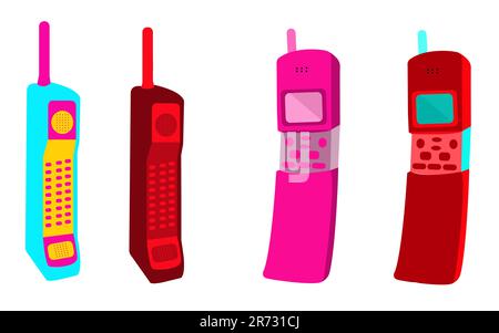 Quattro vecchi pulsanti multicolore retro Hipster vintage piazza primi telefoni cellulari con una lunga antenna. Illustrazione Vettoriale