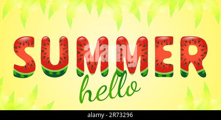 Anguria estate testo luminoso Ciao estate. Simpatico divertente Watermelon lettere. Ciao estate scritta su anguria stile su sfondo giallo. Illustrazione Vettoriale