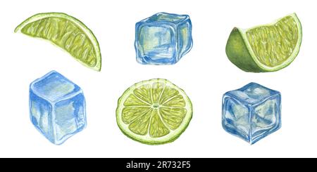 Acquerello Set di fettine di lime, cubetti di ghiaccio blu isolati su sfondo bianco. Illustrazione disegnata a mano per menu, design di celebrazione, cocktail party Foto Stock