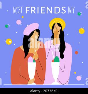 Le coppie donne o adolescenti celebrano il giorno nazionale dei migliori amici. Si divertono e bevono cocktail o caffè nel caffè. Illustrazione BBF Illustrazione Vettoriale