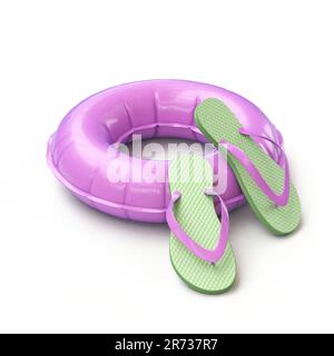 Anello float viola e ciabatte 3D illustrazione di rendering isolato su sfondo bianco Foto Stock