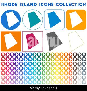 Collezione di icone del Rhode Island. Icone luminose colorate e alla moda. Distintivo moderno del Rhode Island con la mappa dello stato degli Stati Uniti. Illustrazione vettoriale. Illustrazione Vettoriale