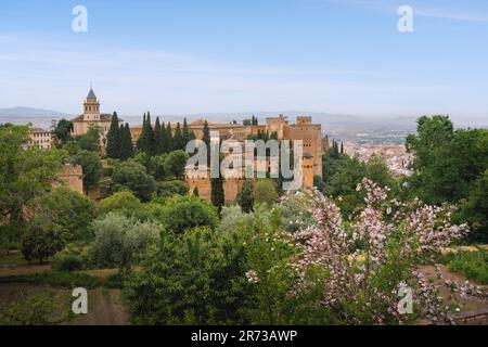 Vista dell'Alhambra con fiori - Granada, Andalusia, Spagna Foto Stock