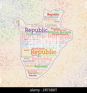 Forma del Burundi con nomi di paese parola nuvola in più lingue. Mappa del confine del Burundi su triangoli freschi sparsi intorno. Eccellente illustrazione vettoriale. Illustrazione Vettoriale