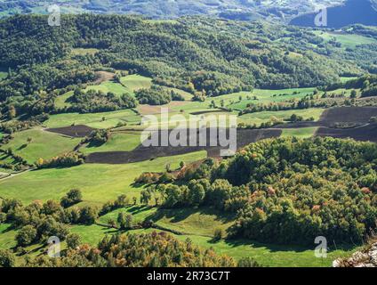 I terreni coltivati prevalentemente con foraggio nella zona di produzione del Parmigiano Reggiano. Castelnovo ne' Monti, Reggio Emilia, Emilia-Romagna, Italia. Foto Stock