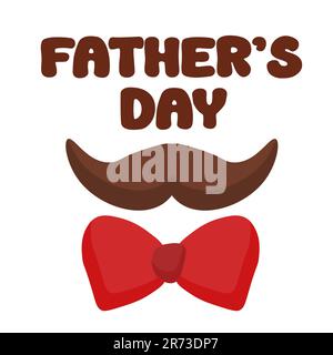 Adesivo piatto per il giorno del papà, badge, icona, spilla. Mustache con cravatta ad arco. Elementi decorativi per illustrazioni vettoriali con testo di saluto. Illustrazione Vettoriale