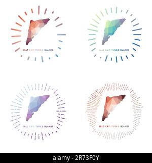 Salt Cay, Isole Turks basso Poly sunburst set. Logo dell'isola in stile poligonale geometrico. Illustrazione vettoriale. Illustrazione Vettoriale