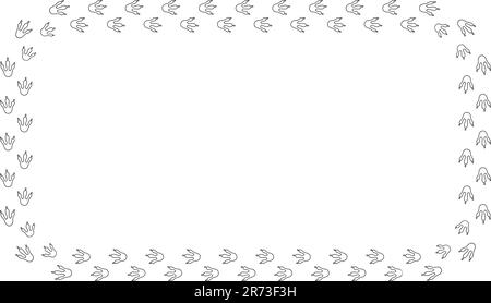 Cornice Dragon footprint. Bordo di stampa dinosauro rettangolare disegnato a mano. Modello del telaio del piede del drago. Dino carino bordo texture percorso. Vettore Illustrazione Vettoriale