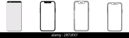Il set di smartphone presenta un design semplice e moderno. Telefono impostato su sfondo bianco. Illustrazione Vettoriale