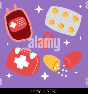 Carino set di adesivi medici. Mano disegnata cartoon sanitario doodle sacco di sangue compressa capsula medicinale. Pacchetto di stampe grafiche per bambini per l'ospedale cli Illustrazione Vettoriale