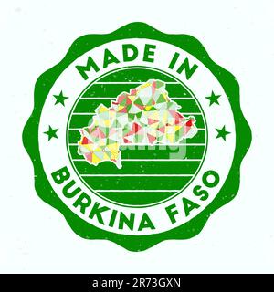 Prodotto in Burkina Faso. Francobollo rotondo. Sigillo del Burkina Faso con forma di bordo. Badge vintage con testo circolare e stelle. Illustrazione vettoriale. Illustrazione Vettoriale