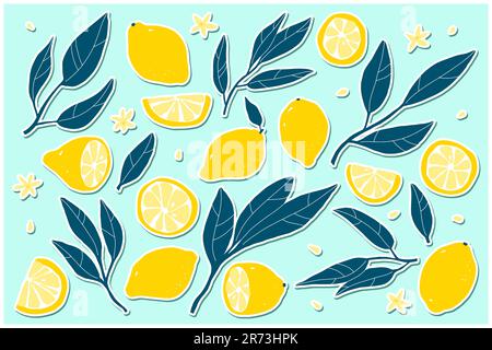 Set di adesivi al limone. Limoni disegnati a mano su sfondo blu. Affetta, metà, frutta intera, foglie, fiori, semi. Collezione tropicale di agrumi cartoon. Ehea Illustrazione Vettoriale