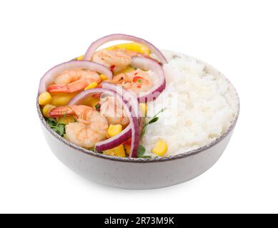 Deliziosa ciotola di poke con gamberetti, riso e verdure isolate su bianco Foto Stock