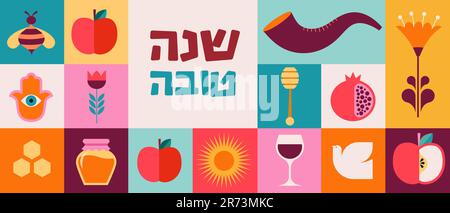 Rosh Hashanah sfondo, banner, stile geometrico. Shana Tova, felice anno nuovo ebraico, concept design Illustrazione Vettoriale