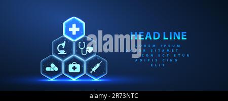 Sistema sanitario. Piramide astratta di esagoni con icone mediche e croce in cima. Illustrazione Vettoriale