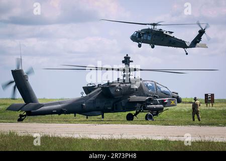 Un elicottero UH-60 Blackhawk si prepara ad atterrare sul campo aereo con un elicottero AH-64 Apache Longbow sta per decollare, durante Saber Guardian 23, Mihail Kogalniceanu, Romania, 4 giugno 2023. DEFENDER 23 è un ente statunitense L'Esercito Europa e Africa hanno guidato l'esercizio incentrato sullo spiegamento strategico delle forze continentali con sede negli Stati Uniti, sull'impiego delle azioni preposizionate dell'Esercito e sull'interoperabilità con alleati e partner. In programma dal 22 aprile al 23 giugno, DEFENDER 23 dimostra la capacità di USAREU-AF di aggregare rapidamente il potere di combattimento degli Stati Uniti nell'Europa orientale, aumentando la letalità del NAT Foto Stock