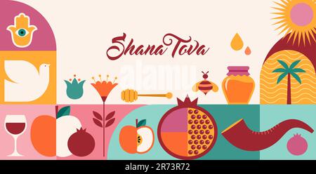 Rosh Hashanah sfondo, banner con icone in stile geometrico piatto. Shana Tova, felice anno nuovo ebraico, concept design Illustrazione Vettoriale