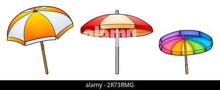 Cartoon carino doodle ombrelloni set. Estate spiaggia attrezzature per il tempo libero colorato vettore divertente illustrazione. Isolato su sfondo bianco. Illustrazione Vettoriale