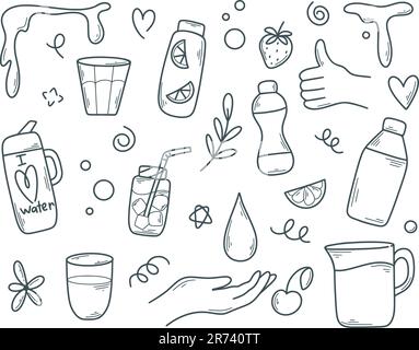 Acqua impostare stile doodle. Carino inchiostro semplice illustrazione acqua in vetro, bottiglia, plastica, caraffa, tazza. Raccolta di fluidi di schizzo. Vasi disegnati a mano con acqua Illustrazione Vettoriale