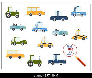 Trova una coppia, gioco educativo per bambini, auto cartoon. Illustrazione Vettoriale