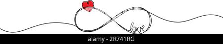 Disegno continuo a linea singola del simbolo infinito con la parola AMORE e forma del cuore, illustrazione del vettore della linea d'amore eterna Illustrazione Vettoriale