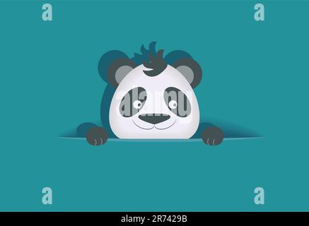 Fondo blu pieno vuoto con nascondiglio panda. Modello per cartolina di festa o biglietto d'auguri Illustrazione Vettoriale