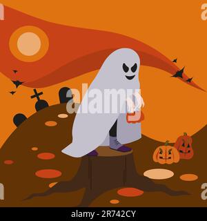 Halloween capretto con male sorridente fantasma mantello in piedi su un moncone, tenendo borse con caramelle. Zucche e tombe da parte. Cielo arancione e rosso, giallo moo Illustrazione Vettoriale