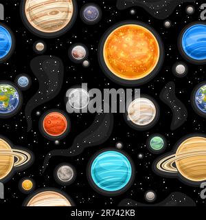 Vector Space Seamless Pattern, sfondo quadrato di ripetizione con illustrazione di varietà pianeti e stelle per carta da imballaggio o biancheria da letto disegno, decorat Illustrazione Vettoriale