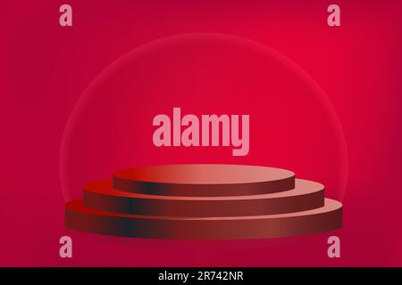 Prodotto podio rosso 3D. Supporto del cilindro. Sfondo rosso scuro per la presentazione dei prodotti cosmetici. Illustrazione Vettoriale