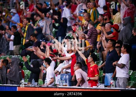 Melbourne, Australia, 27 gennaio 2022. I tifosi del Vietnam si rallegrano durante la partita di calcio della Coppa del mondo tra gli Australian Socceroos e il Vietnam il 27 gennaio 2022 presso l'AAMI Park di Melbourne, Australia. Credit: Dave Hewison/Speed Media/Alamy Live News Foto Stock