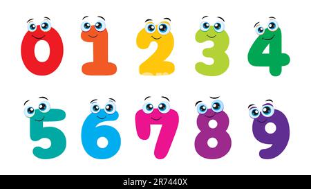 Set di numeri colorati simpatici cartoni animati per bambini. Illustrazione vettoriale isolata su sfondo bianco. Colorati divertenti numeri di cartoni animati vettoriali da 0-9 br Illustrazione Vettoriale