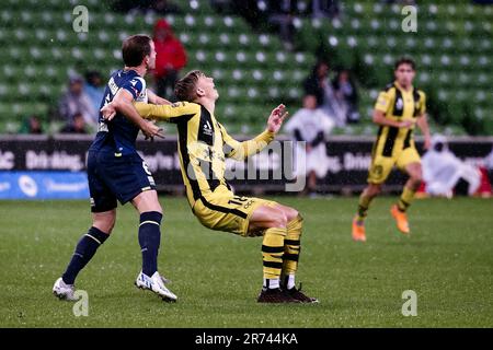 MELBOURNE, AUSTRALIA - 29 APRILE: Ben Waine di Wellington Phoenix durante la partita di calcio Della A-League tra Melbourne Victory e Wellington Phoenix all'AAMI Park il 29 aprile 2022 a Melbourne, Australia. Foto Stock