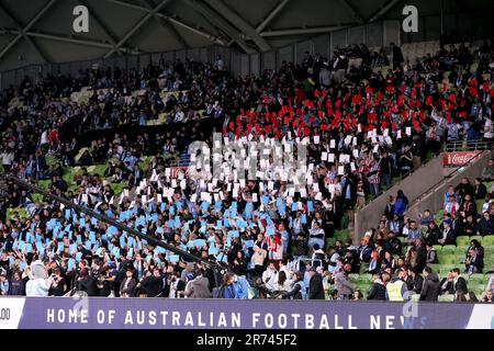 MELBOURNE, AUSTRALIA - 28 MAGGIO: Tifosi della città di Melbourne durante la partita di calcio Della A-League Grand Final tra il Melbourne City FC e il Western United all'AAMI Park il 28 maggio 2022 a Melbourne, Australia. Foto Stock