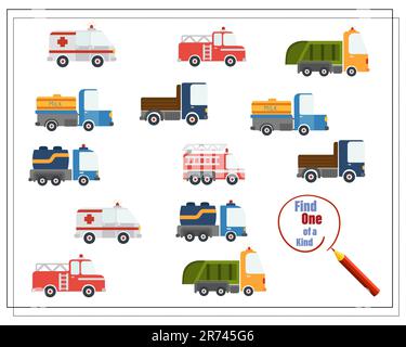 Trova una coppia, gioco educativo per bambini, auto cartoon. Illustrazione Vettoriale