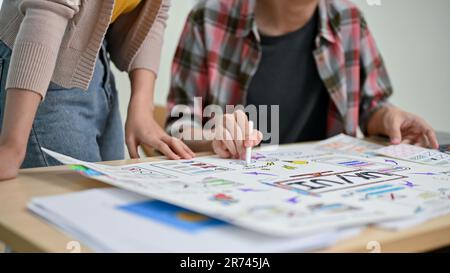 Immagine ravvicinata di due designer grafici professionisti o sviluppatori che controllano un nuovo prototipo di app, discutono del lavoro e del brainstorming durante la riunione. Foto Stock