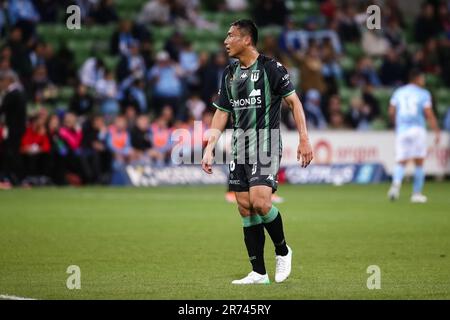 MELBOURNE, AUSTRALIA - 07 OTTOBRE: Tomoki Imai of Western United durante la a-League Men's Football Match tra Melbourne City e Western United all'AAMI Park il 07 ottobre 2022 a Melbourne, Australia. Foto Stock