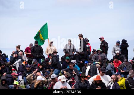 PHILLIP ISLAND, AUSTRALIA - 15 OTTOBRE: I fan vengono visti con le bandiere durante le qualifiche MotoGP alla 2022 Australian MotoGP al Phillip Island Circuit il 15 ottobre 2022 a Phillip Island, Australia. Foto Stock