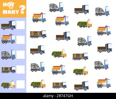 Gioco di conteggio per bambini prescolare. Gioco educativo di matematica. Contare quante auto ci sono e annotare il risultato. Illustrazione Vettoriale