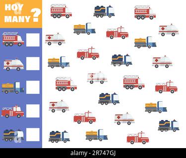 Gioco di conteggio per bambini prescolare. Gioco educativo di matematica. Contare quante auto ci sono e annotare il risultato. Illustrazione Vettoriale