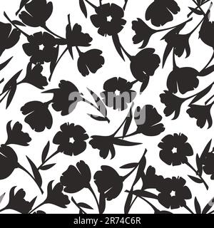 Motivo floreale. Motivo bianco e nero senza cuciture con silhouette floreali. Stampa floreale vettoriale Illustrazione Vettoriale