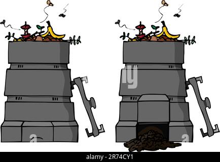 Un'illustrazione disegnata a mano di un contenitore per compost completo con una versione con compost finito. Illustrazione Vettoriale